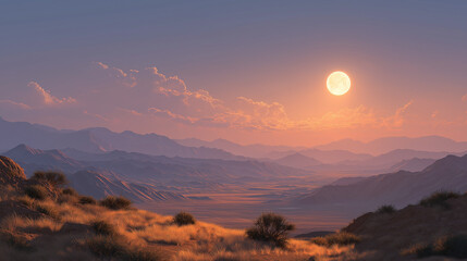 Majestic Sunset over Mountain Landscape: The sun dips below the horizon, painting the sky with warm hues as it casts long shadows over the rugged mountain range, creating a dramatic panorama.