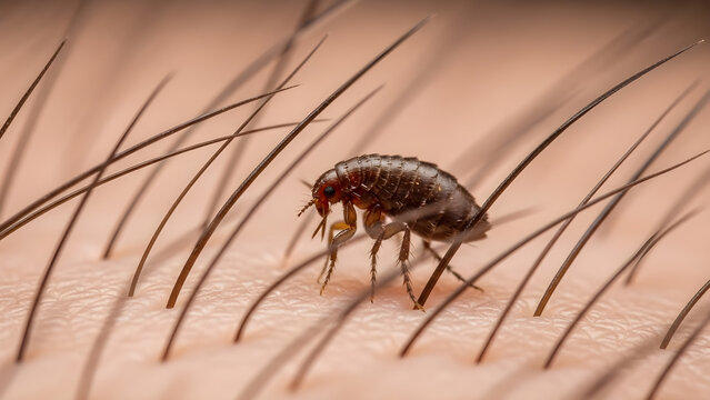 Close-up macro photograph of a flea crawling on human skin amongst hair follicles, highlighting its exoskeleton and legs