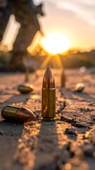 Bullets lie on cracked earth, bathed in sunlight as dawn breaks, with a weapon blurred in the background