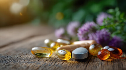 Nature's Pharmacy: A vibrant assortment of essential vitamins and supplements rests artfully on a weathered wooden surface, beautifully complemented by an array of fresh botanical elements.