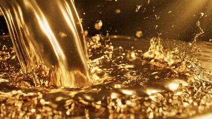 Closeup shot of a rich golden liquid gracefully pouring and creating dynamic splashes and ripples on a reflective surface evoking a sense of luxury wealth and smooth fluidity.