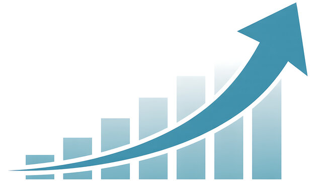 Concept of commercial success illustrated by a blue rising bar chart and a curved arrow on a clean white background for presentations.