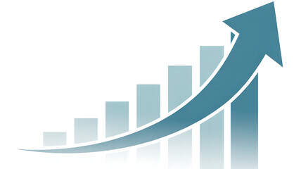 Abstract business visualization of rising sales and financial success using blue bar graphs and an upward trending arrow.