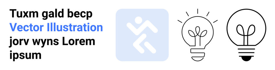Business strategy, innovation, creativity, energy solutions, workflow, idea generation. Minimalist running icon alongside light bulb symbols. Innovation and business strategy