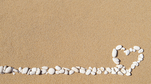 White Pebble Heart and Stone Line on Beach Sand, Minimal Summer Background with Copy Space