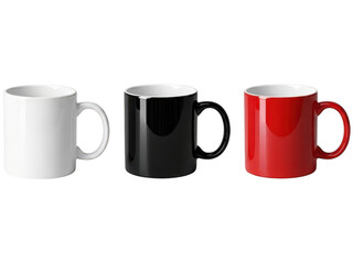 Three colorful coffee mugs isolated on transparent background