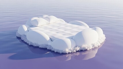 A white cloud shaped bed floating on a tranquil surface of water with a purple hue