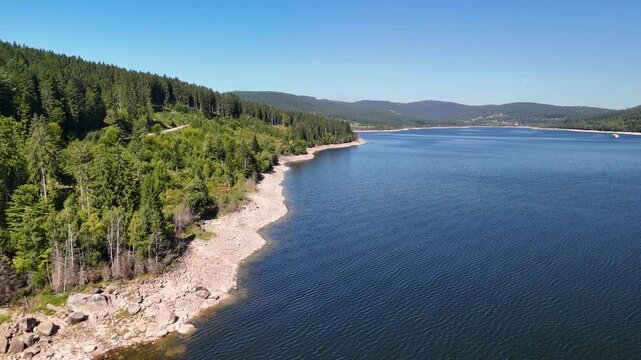 Aerial drone footage of flight along the Schluchsee in the Black Forest in Southern Germany