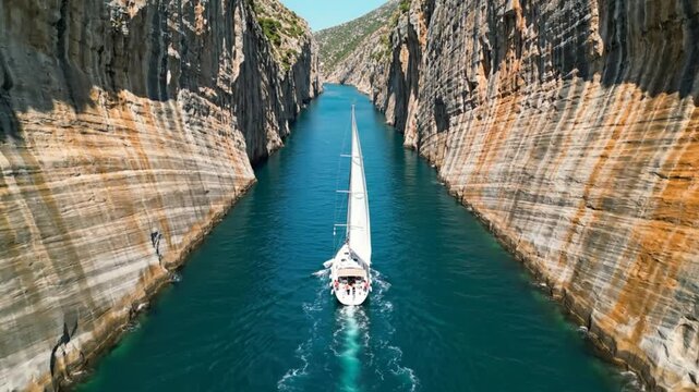 Sailboat Navigating the Stunning Corinth Canal, a Narrow Passage Carved Through Cliffs, Greece