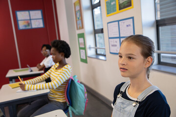 Diverse classmates sitting at desks in classroom using pencils, typing on laptop, copy space