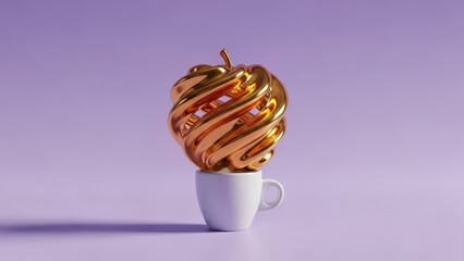 Metallic golden apple shape twisting from a white coffee cup on purple surface