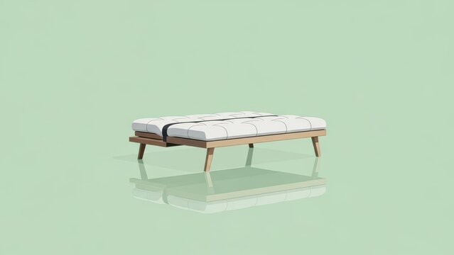 Modern wooden daybed with white cushions on a light green studio background