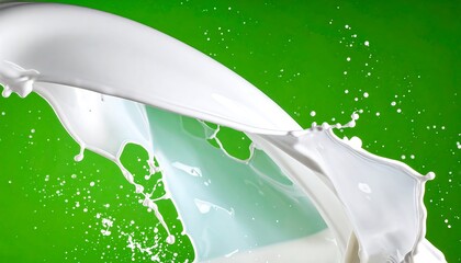 Dynamic white liquid splashing against a vibrant green background creating a fluid, abstract composition