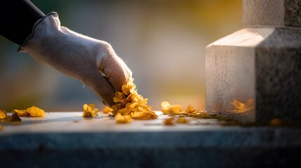 Gentle remembrance autumn leaves surround a gravestone bathed in soft morning light reflection