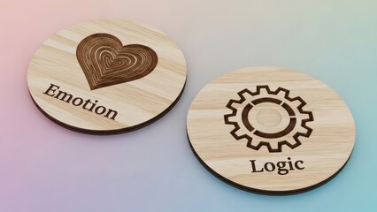 Wooden coasters symbolize the contrast between emotion and logic, with a heart and gear design.