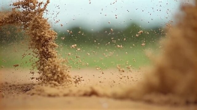 Dynamic slow-motion video captures textured brown particles scattering in an energetic splash