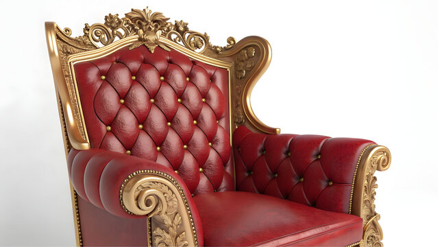 A majestic red leather armchair with ornate gold carvings on a white background, exuding luxury and elegance