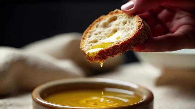 Video Hand dipping crusty bread into golden olive oil, a healthy delicious food
