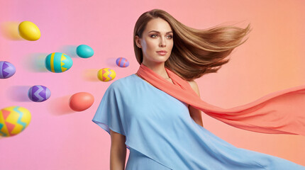 Cheerful Easter Lifestyle Image with Woman and Colorful Eggs