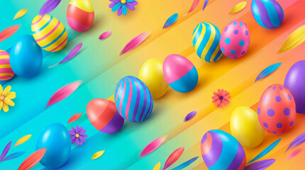 Festive Easter Eggs Explosion with Flowers on Colorful Background
