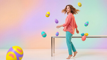 Modern Easter Celebration with Woman in Pastel Studio Setting