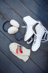 skates on a bench. winter fun. figure skating