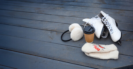 skates on a bench. winter fun. figure skating