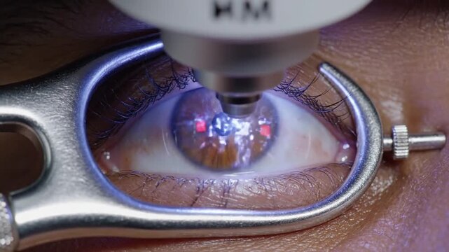 Close-up of an eye undergoing lasik surgery with a precise laser device