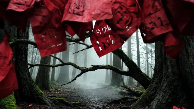 Red ribbons hanging from twisted tree branches in foggy forest