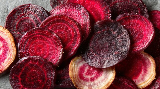 Beetroot chips thin and crisp, arranged radially, pale stone background, graphic food composition