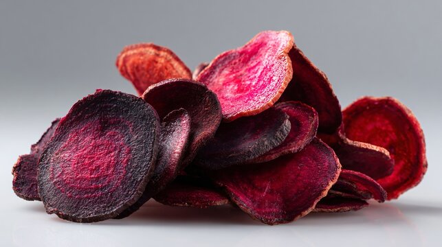 Beetroot chips thin and crisp, arranged radially, pale stone background, graphic food composition