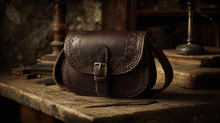 Close up of a handcrafted leather satchel on a wooden table