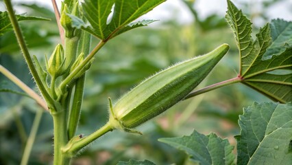 Fresh Okra Growing on the Vine