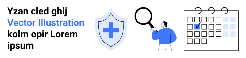 Fototapeta premium Healthcare, data security, task organization, planning, medical protection, research. Shield with a cross, magnifying glass calendar with highlighted date. Healthcare and data security concept