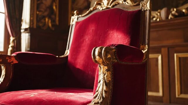 Luxurious antique red velvet armchair with gold embellishments in a grand classical room interior
