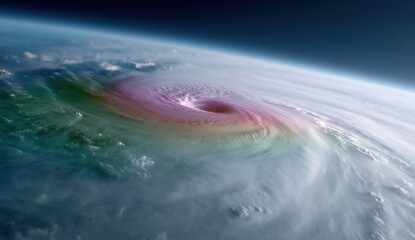 Vibrant hurricane swirling over planet earth's surface, its powerful eye emitting a rainbow spectrum, symbolizing climate change and global warming crisis