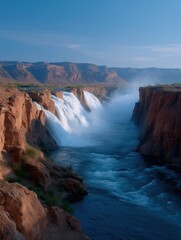Grand canyon waterfall rushing water through red rock cliffs, creating a strong current and natural power beneath a clear blue sky