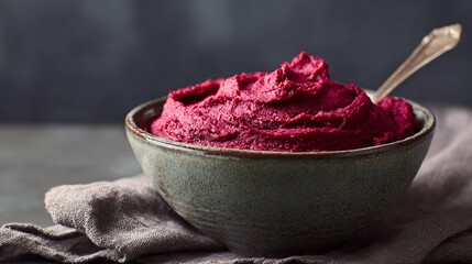 Beetroot mash in a ceramic bowl, smooth surface, farmhouse-inspired minimal styling
