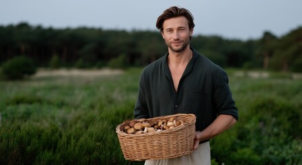 Man holding basket of freshly foraged wild mushrooms, standing in a natural outdoor environment, smiling at camera, embodying sustainable harvesting and healthy produce concepts