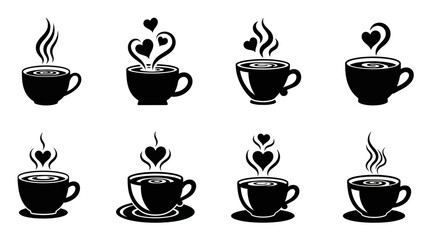 Fototapeta premium collection of stylized coffee cups with steaming hot beverages and heart shaped steam evoking warmth love and comfort