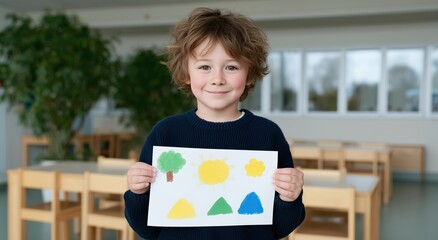Happy young child proudly holding colorful drawing of sun, tree, clouds, and mountains, showcasing creativity and school achievement in a classroom setting