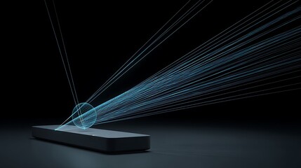 Modern sleek device projecting blue digital data streams onto dark background with futuristic technology and innovation concept