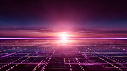 Futuristic sunrise illuminates a digital world vibrant neon grids inspire creative innovation designs