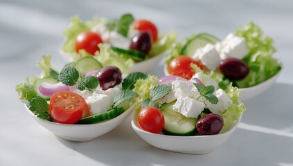 Individual greek salads in small white bowls. Featuring fresh lettuce. Cucumber. Tomatoes. Feta cheese. Kalamata olives. Red onion. And mint
