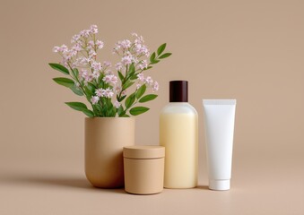 Natural beauty products with organic cosmetic containers featuring plant based ingredients and a focus on essential skincare routine mockups