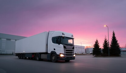 White semi trailer truck driving on an empty road during a vibrant sunset, highlighting efficient cargo transportation, logistics, and global delivery solutions