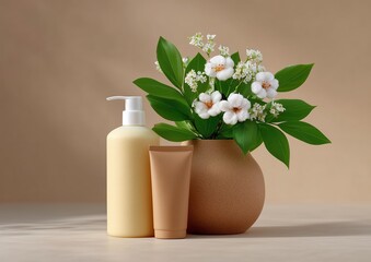 Natural beauty products showcasing eco friendly packaging and a minimalist design, emphasizing organic ingredients for skin care and wellness, with floral elements