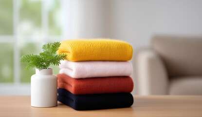 Stack of neatly folded warm sweaters in vibrant colors, arranged on a wooden table beside a small plant, conveying comfort and organized home living