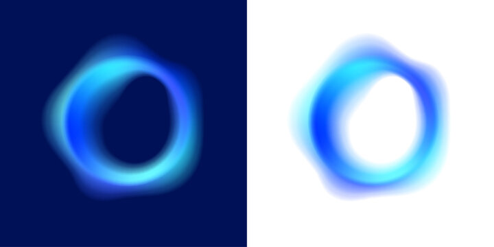 Abstract liquid gradient blue circle displays neon colors, blot drops create reflective highlights. Smooth form defines balanced rounded shape. Vector png banner sign.
