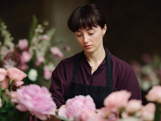 Professional female florist concentrating on creating a delicate flower arrangement in her shop, surrounded by vibrant pink blossoms while performing her artistic work
